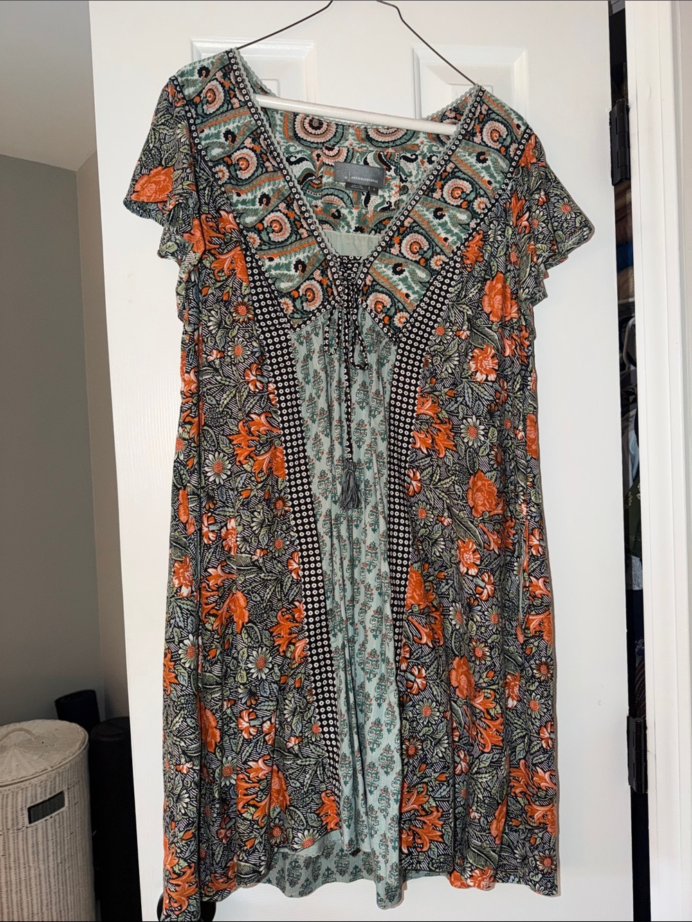 Anthropologie Mixed Floral V-Neck Mini Dress in Orange and Green